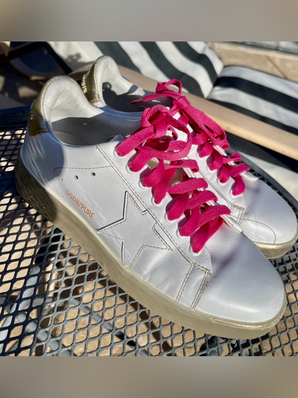 Golden Goose White Leather Sneakers with Pink Laces and Gold Heel